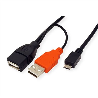 Kábel USB 2.0 2xA-MICRO-B F/M 1m, High Speed, OTG, čierny, Y-kábel, Extra napájanie
