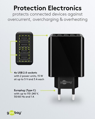 Nabíjačka USB 230V 4port, 4xUSB A, 3A, 30W, čierna