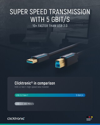 Kábel USB 3.2 Gen 1, A-B M/M 1.8m, 5Gbps, modrý, ClickTronic, pozl. konektor