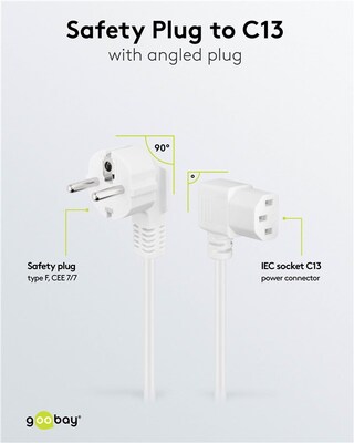 Kábel sieťový 230V, vidlica (CEE7/7) lomená - C13 zahnutý (doprava), 5m, 1.00mm², 10A, biely