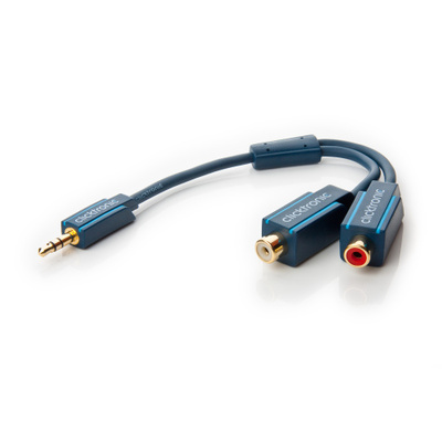 Kábel 3,5mm stereo/2xCinch M/F 0.1m, modrý, pozl. konektor, ClickTronic