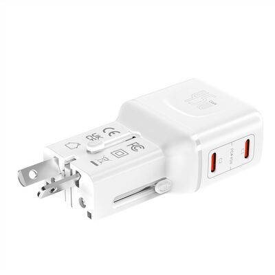 Nabíjačka USB 230V 2port, EU/UK/US, 2xUSB Typ C, 45W, PD, QC 3.0, cestovná/skladacia/vrecková, biela