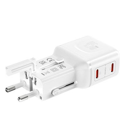 Nabíjačka USB 230V 2port, EU/UK/US, 2xUSB Typ C, 45W, PD, QC 3.0, cestovná/skladacia/vrecková, biela