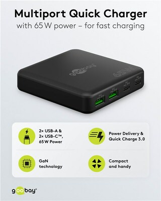 Nabíjačka USB 230V 4port, 2xUSB A, 2xUSB Typ C, 65W, PD, QC 3.0, kábel (C7) 1.5m, GaN, čierna