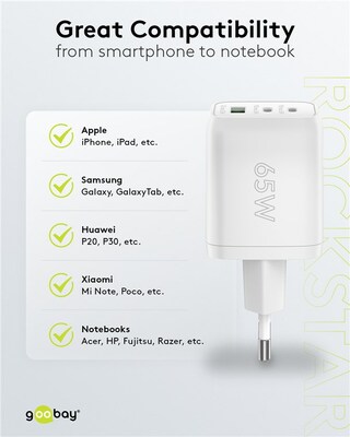 Nabíjačka USB 230V 3port, 1xUSB A, 2xUSB Typ C, 65W, Power Delivery, GaN, biela