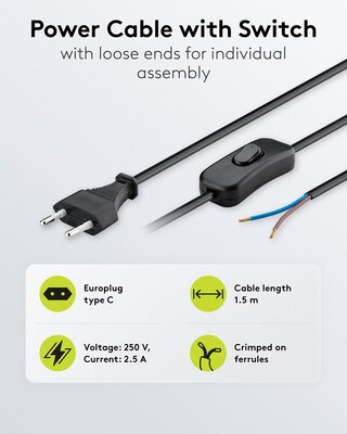 Kábel sieťový 230V, 2pin vidlica (CEE7/16) priama - dutinky, 1.5m, 0.75mm², 2.5A, vypínač, čierny