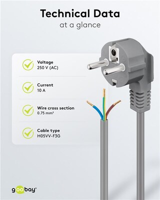 Kábel sieťový 230V, vidlica (CEE7/7) lomená - dutinky, 1.5m, 0.75mm², 16A, surový, sivý