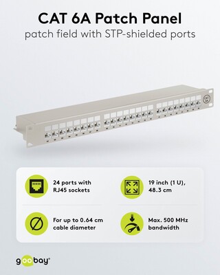 19" Patch panel 24port cat.6a, tienený s uzemnením, celokovový, 1U, sivý