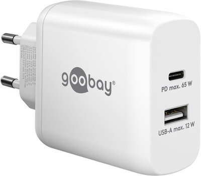 Nabíjačka USB 230V 2port, 1xUSB A 2.0, 1xUSB C (Power Delivery), 65W, GaN, biela
