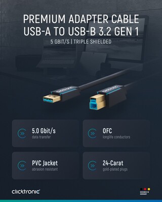 Kábel USB 3.2 Gen 1, A-B M/M 3m, 5Gbps, modrý, ClickTronic, pozl. konektor