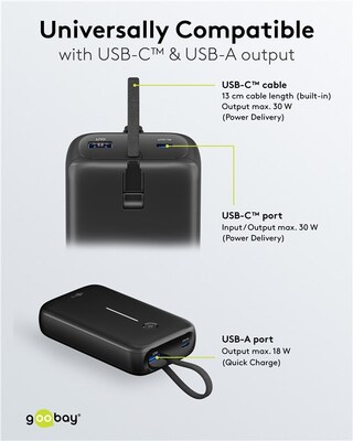 Power Bank 20000mAh, QC 3.0, LED display, zabudovaný kábel USB Typ C 0.13m, 12x7x3cm, čierna