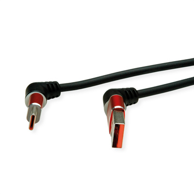 Kábel USB 2.0 Typ C AM/CM 2m, High Speed, čierny/červený, zahnutý 90°, otočné konektory