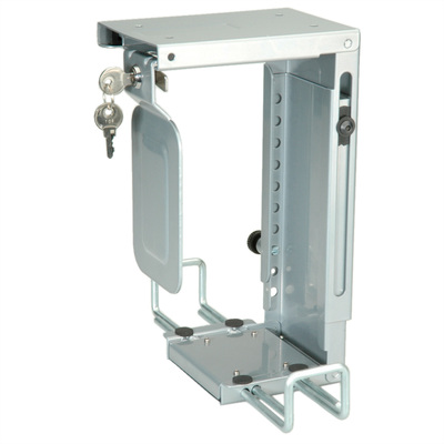 Držiak PC pod dosku stola, max 10kg pre PC šírké 50-100mm, výška 200-358mm, zamykateľný, sivý