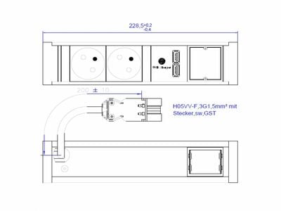 VENID 2xUTE 230V, 1xCustom, nabíjačka (2x USB A), 0.2m kábel 1.5mm², GST18, hliník, čierna