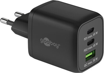 Nabíjačka USB 230V 3port, 1xUSB A, 2xUSB Typ C, 65W, Power Delivery, GaN, čierna