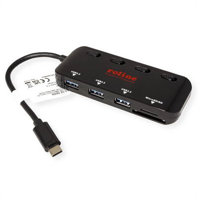 Hub USB 3.2 Gen 1, 4 Port, 3x USB A, čítačka, s vypínačmi, čierny