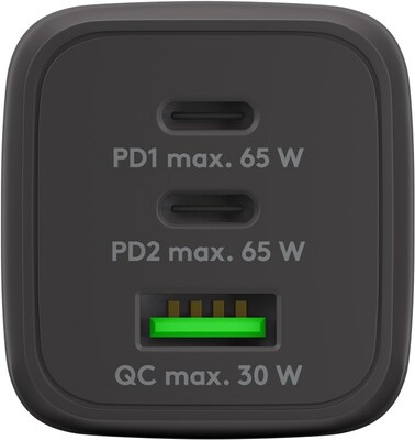 Nabíjačka USB 230V 3port, 1xUSB A, 2xUSB Typ C, 65W, Power Delivery, GaN, čierna
