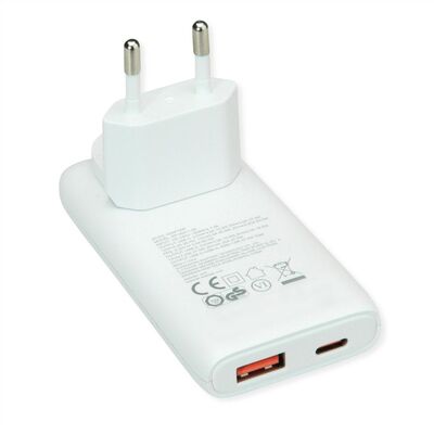 Nabíjačka USB 230V 2port, EU/US, 1xUSB A, 1xUSB Typ C, 65W, PD, QC 3.0, cestovná/skladacia, biela