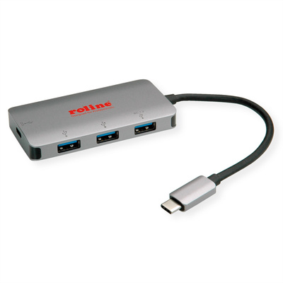 Hub USB 3.2 Gen.1 Typ C, 4 Port, 3x USB A, 1x USB Typ C (Power Delivery), 12cm, sivá a čierna