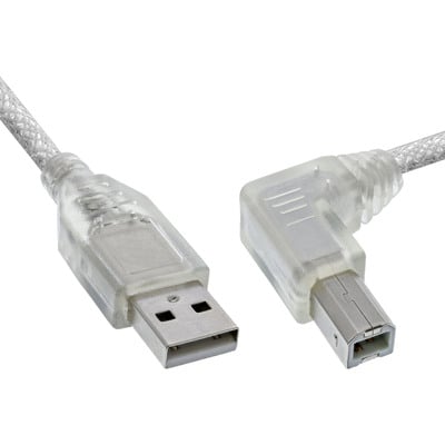 Kábel USB 2.0 A-B M/M 1m, High Speed, transparentný, zahnutý doľava 90°