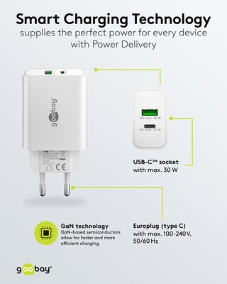 Nabíjačka USB 230V 2port, 1xUSB A, 1x USB Typ C, 30W, Power Delivery, Quick Charge 3.0, biela