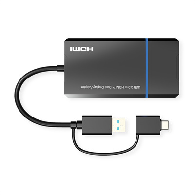 Adaptér USB Typ C / A na 2x HDMI, 4K@30Hz, 0.15m, čierny