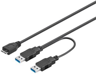 Kábel USB 3.2 Gen 1, 2xA-MICRO-B(3.0) M/M 0.3m, 5Gbps, čierny, Y-kábel, Extra napájanie