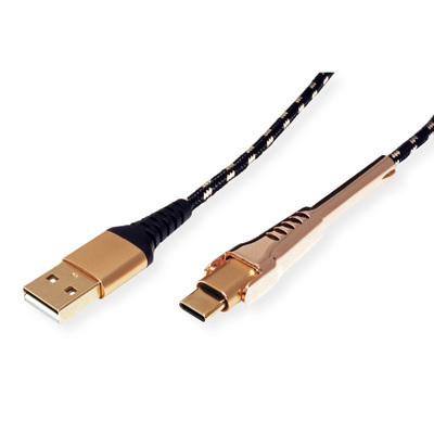Kábel USB 2.0 AM/CM Typ C 1m, High Speed, čierny/zlatý, integrovaný držiak/podpera, Gold