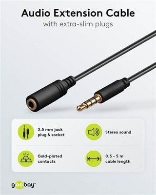 Kábel 3,5mm 4pin audio M/F 1m čierny, pozl. konektor