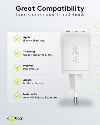 Nabíjačka USB 230V 3port, 1xUSB A, 2xUSB Typ C, 65W, Power Delivery, GaN, biela