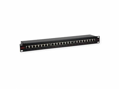 19" Patch panel 24port cat.5e, tienený s uzemnením, celokovový, 1U, čierny