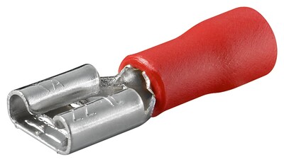 Plochý nasúvací konektor FASTON samica, 6.4mm/0.8mm, 10A, izolovaný, červený, 100ks/bal