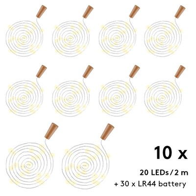 Led svetelná reťaz s 20 LED, "do fľaše", napájanie 3x LR44, biela, 10ks/bal