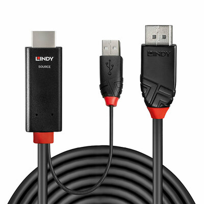 Kábel HDMI na DisplayPort M/M 1m, jednosmerný, 4K@60Hz, 21.6Gbit/s, USB napájanie, čierny, Aktívny