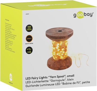 LED svetelná reťaz na drevenej cievke, napájanie USB, vypínač, 100 LED, 10m
