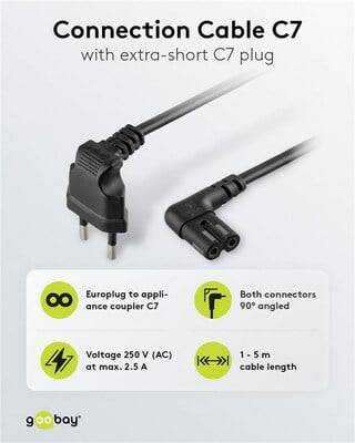 Kábel sieťový 230V, 2pin vidlica (CEE7/16) lomená - C7 (2pin) zahnutý, 1m, 0.75mm², 2.5A, čier.SONOS