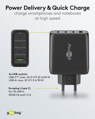 Nabíjačka USB 230V 4port, 1xUSB A, 3xUSB Typ C, 68W, Power Delivery, GaN, čierna