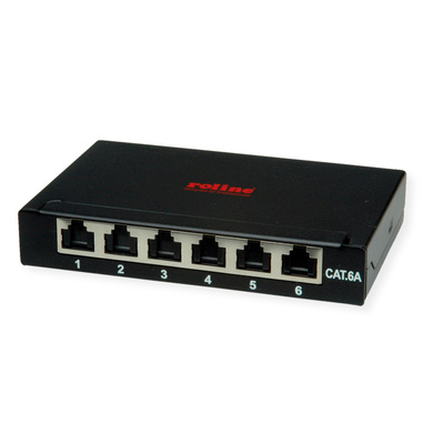 Patch panel 8port cat.6a, tienený s uzemnením, celokovový, montáž na stenu, 0.5U, čierny