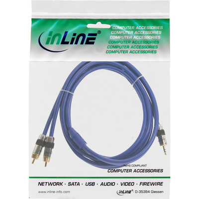 Kábel 3.5mm stereo/2xCinch M/M 2m, modrý, pozl. konektor, Premium