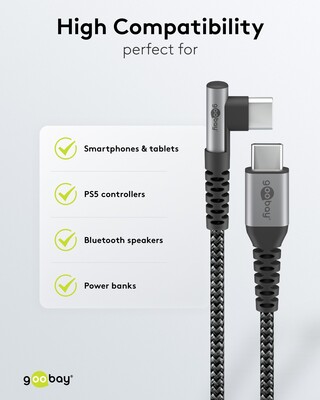 Kábel USB 2.0 Typ C CM/CM 2m, High Speed, Power Delivery 60w 20V3A, čierny/sivý, zahnutý 90°