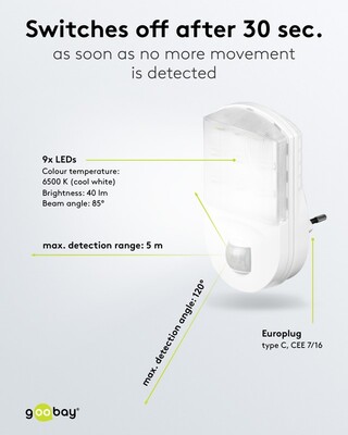 Svetlo LED so senzorom, do zásuvky 1.1W/67lm (IP20), detekcia: 120°, 9m dosah, studená biela
