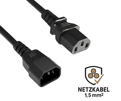 Kábel sieťový 230V predlžovací, C13 - C14, 5m, 1.50mm², 10A, čierny