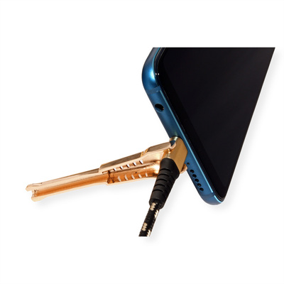 Kábel USB 2.0 AM/CM Typ C 1m, High Speed, čierny/zlatý, integrovaný držiak/podpera, Gold