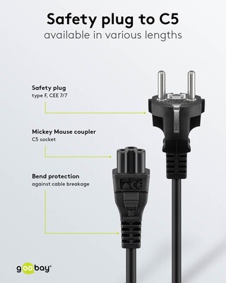 Kábel sieťový 230V pre notebook, vidlica (CEE7/7) priama - C5, 1.8m, 0.75mm², 2.5A, čierny