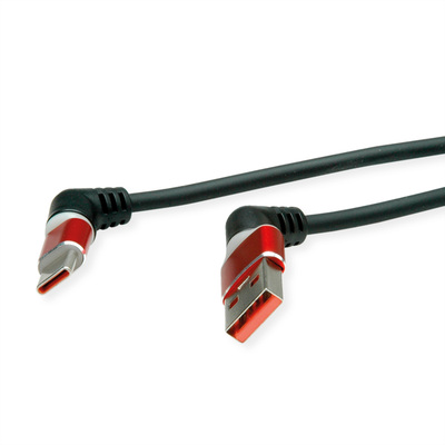 Kábel USB 2.0 Typ C AM/CM 2m, High Speed, čierny/červený, zahnutý 90°, otočné konektory