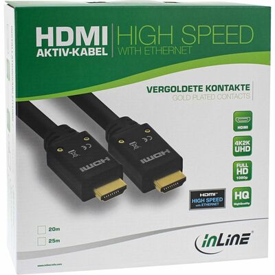 Kábel HDMI M/M 25m, High Speed+Eth, 4K@30Hz, HDMI 1.4, G pozl. kon., čierny, jednosmerný, Aktívny