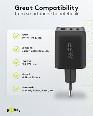 Nabíjačka USB 230V 3port, 1xUSB A, 2xUSB Typ C, 65W, Power Delivery, GaN, čierna