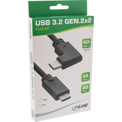 Kábel USB 3.2 Gen 2x2, Typ C CM/CM 2m, 20Gbps, PD 60w 20V3A, čierny, zahnutý 90°