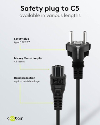 Kábel sieťový 230V pre notebook, vidlica (CEE7/7) priama - C5, 1.8m, 0.75mm², 2.5A, čierny