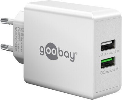 Nabíjačka USB 230V 2port, 2xUSB A, 28W, Quick Charge 3.0, biela